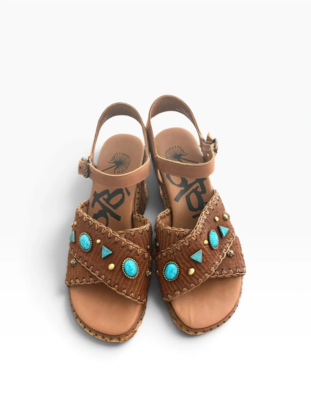 OTBT Cahoot Turquoise Stone Studded Woven Platform Wedge Sandals Sz 7.5